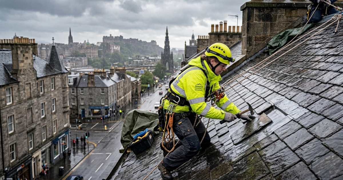Rope access roofer carrying out urgent repair during light rain on an Edinburgh slate roof