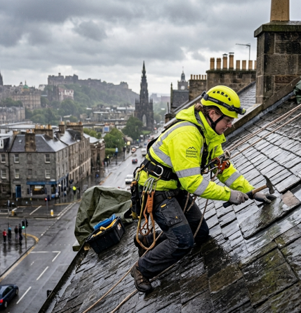 Rope access roofer carrying out urgent repair during light rain on an Edinburgh slate roof