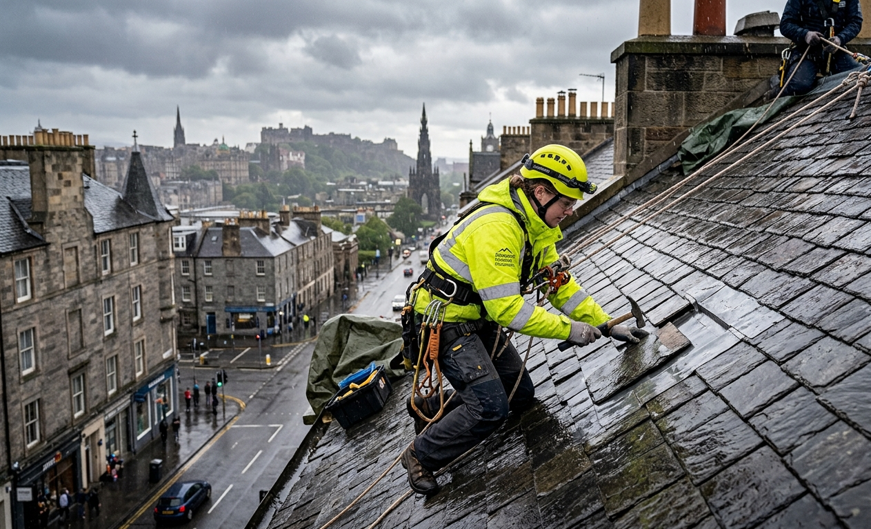 Rope access roofer carrying out urgent repair during light rain on an Edinburgh slate roof