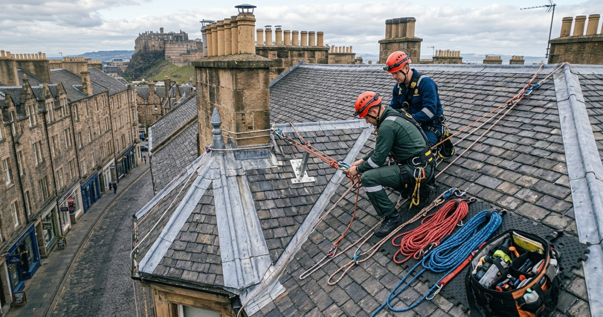 rope access team rigging safely from the roof of a traditional Edinburgh tenement
