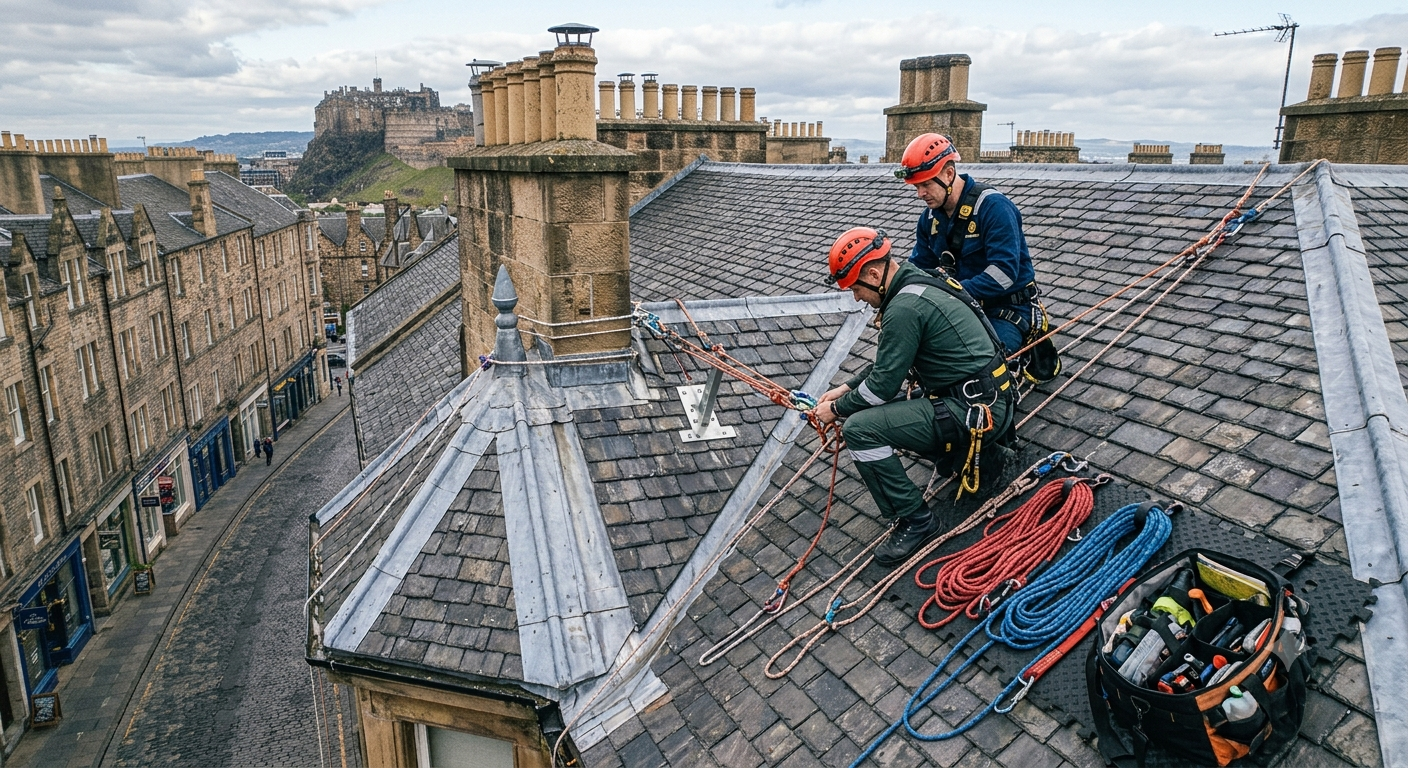 rope access team rigging safely from the roof of a traditional Edinburgh tenement