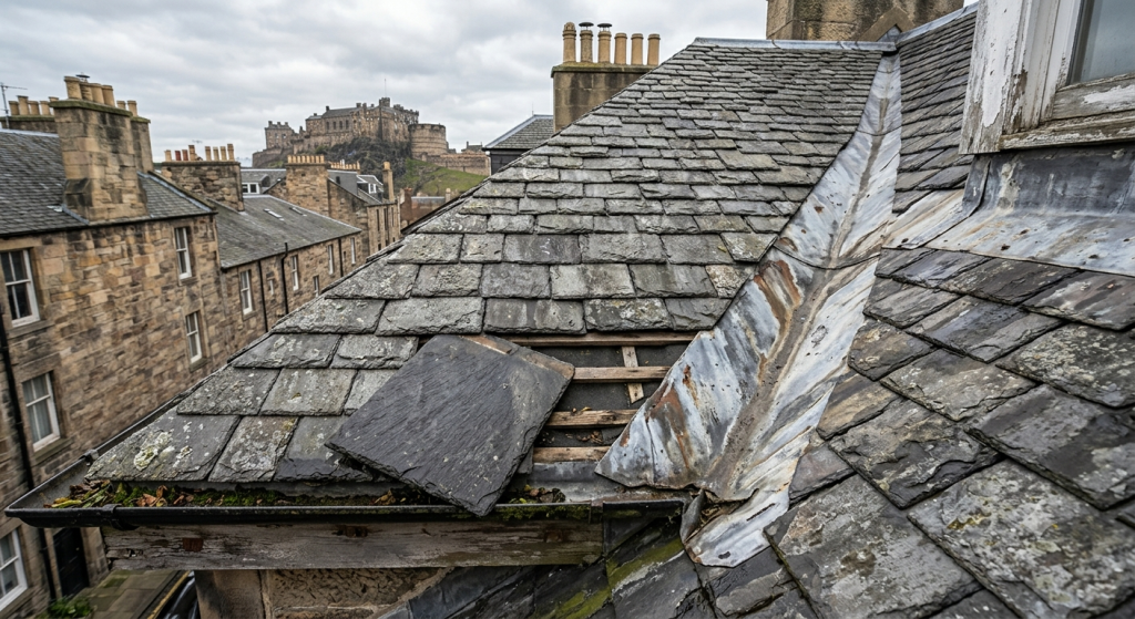 Detailed Edinburgh slate roof with one slipped slate and weathered flashing