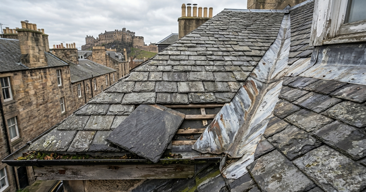 Detailed Edinburgh slate roof with one slipped slate and weathered flashing