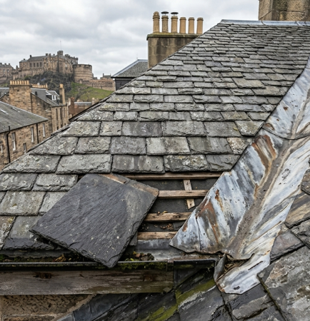 Detailed Edinburgh slate roof with one slipped slate and weathered flashing