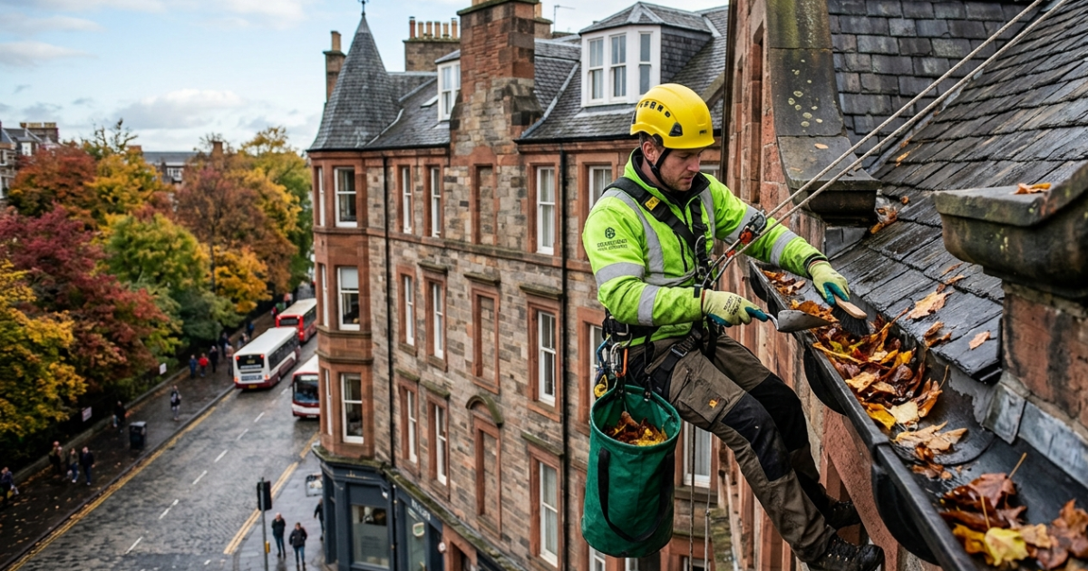 Rope access technician clearing leaves from cast iron gutter on Edinburgh tenement