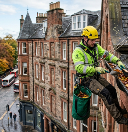 Rope access technician clearing leaves from cast iron gutter on Edinburgh tenement