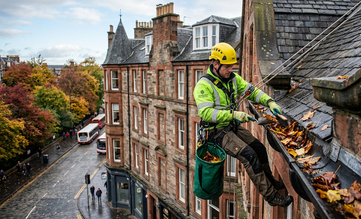 Rope access technician clearing leaves from cast iron gutter on Edinburgh tenement