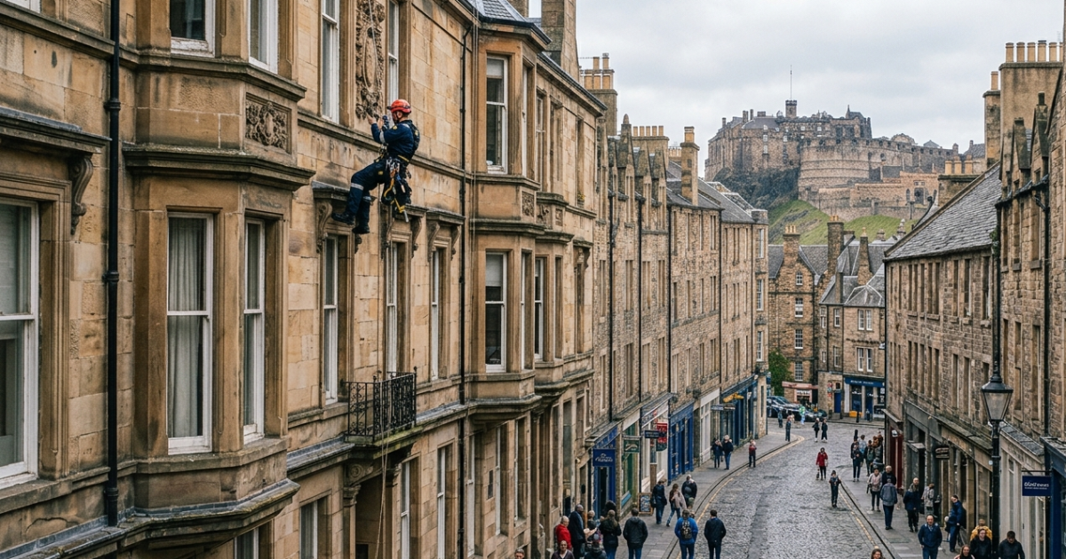Historic Edinburgh street with rope access technician working discreetly on sandstone facade