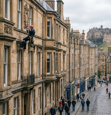 Historic Edinburgh street with rope access technician working discreetly on sandstone facade