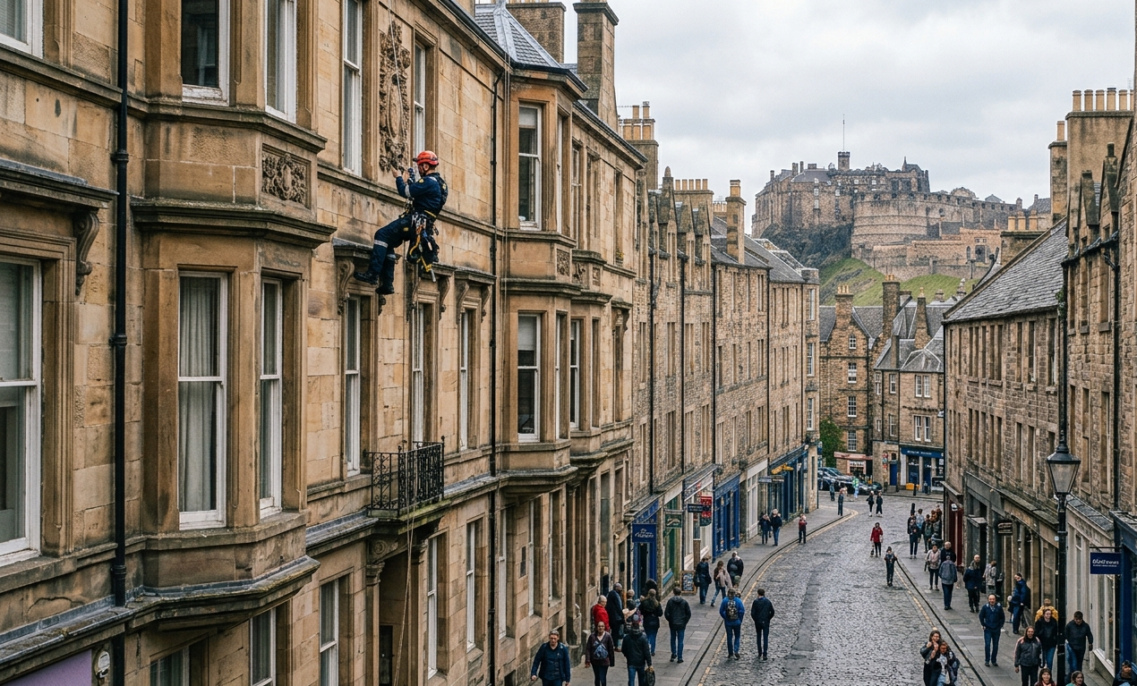 Historic Edinburgh street with rope access technician working discreetly on sandstone facade