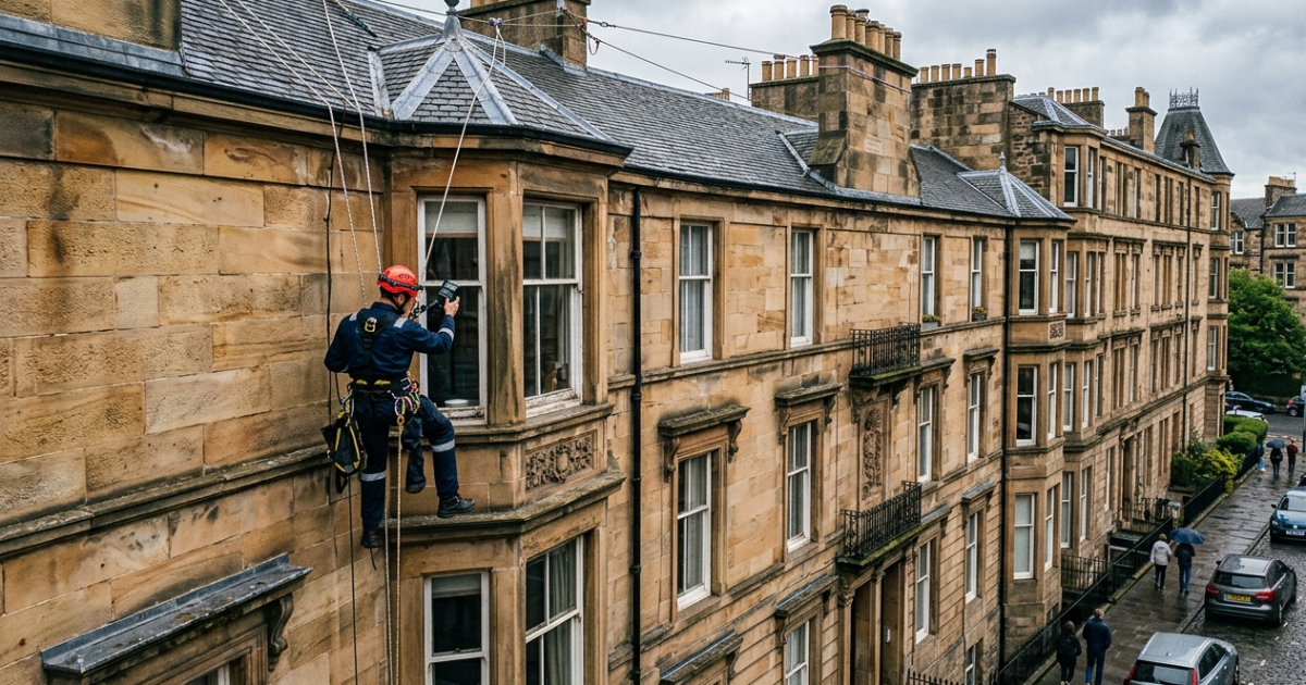 Rope access technician inspecting an Edinburgh sandstone tenement facade from ropes