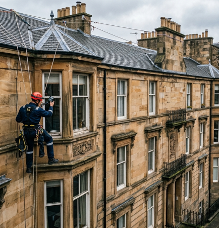 Rope access technician inspecting an Edinburgh sandstone tenement facade from ropes