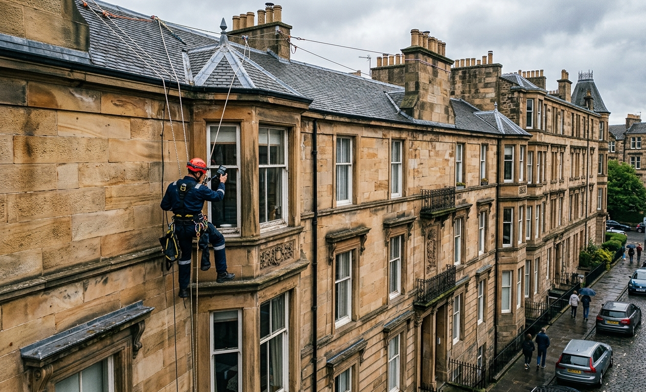 Rope access technician inspecting an Edinburgh sandstone tenement facade from ropes