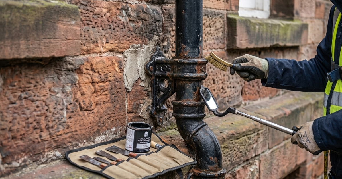 Traditional cast iron downpipe on Edinburgh sandstone facade being inspected and maintained