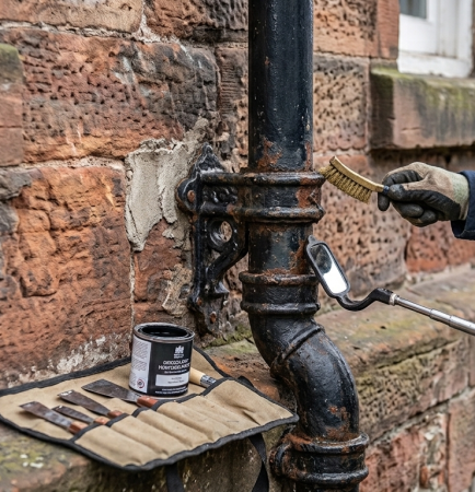 Traditional cast iron downpipe on Edinburgh sandstone facade being inspected and maintained