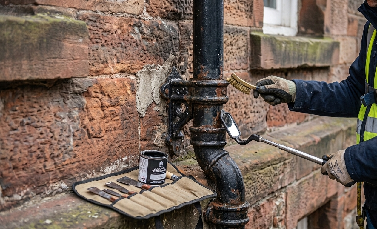 Traditional cast iron downpipe on Edinburgh sandstone facade being inspected and maintained